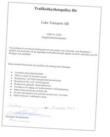LuKe Transport Trafiksäkerhetspolicy